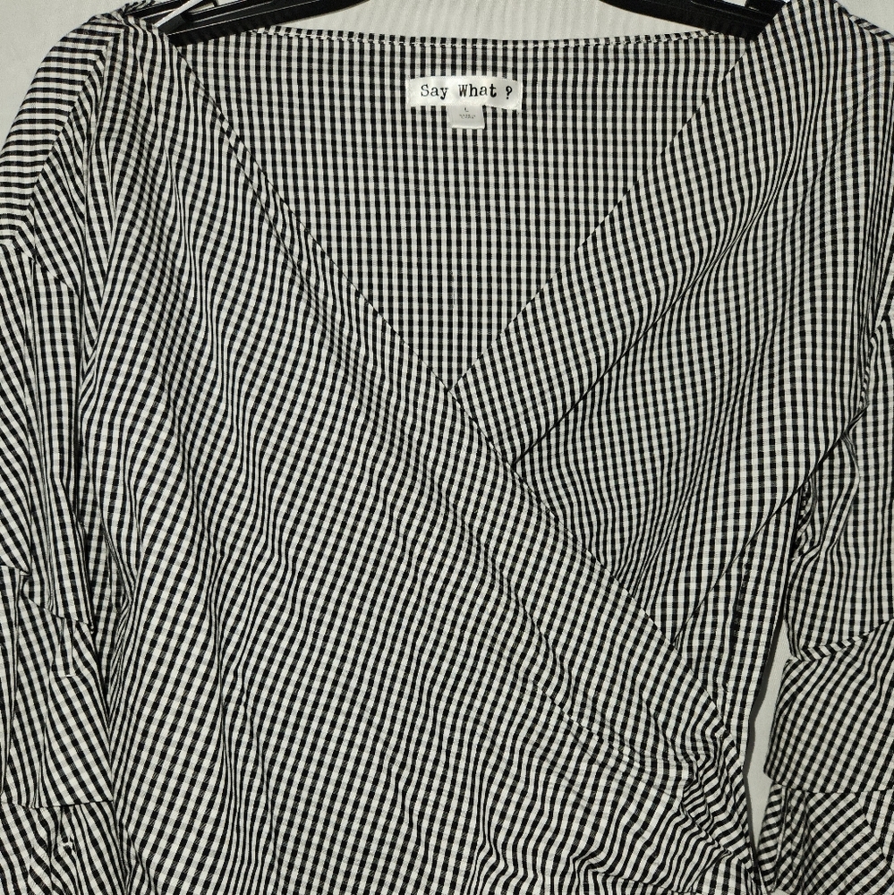 Say what?? Black and white gingham wrap blouse, Size L